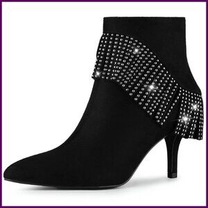 Fringe Rhinestone Stiletto Ankle Boots, Faux Suede, 3 1/7" Heel